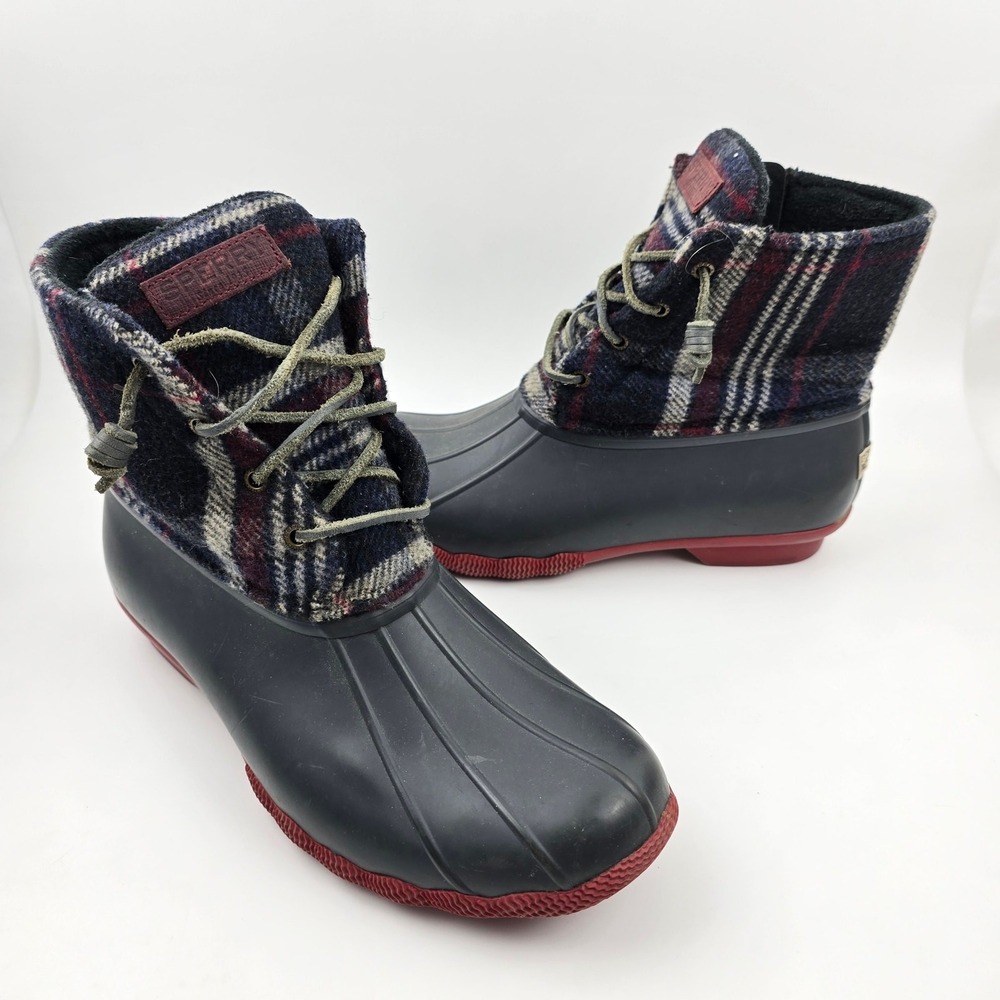 Sperry Saltwater Duck‎ Boots Womens 10 M Blue Red Wool Plaid Waterproof Rubber - Picture 3 of 12